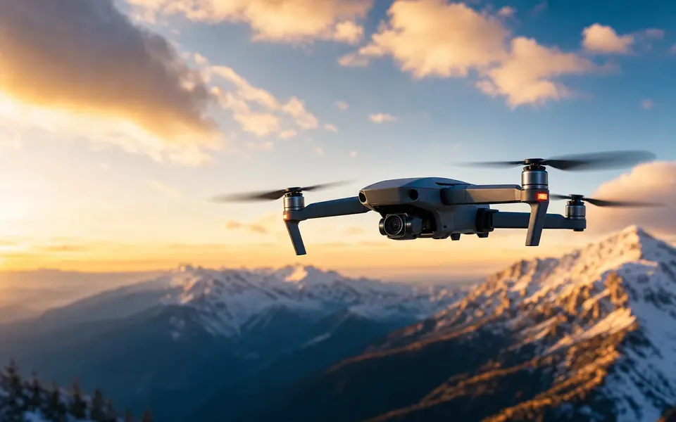 Drone dobrável em voo sobre montanhas com neve ao pôr do sol